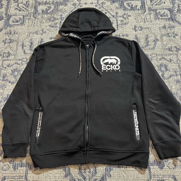 VTG Y2k Ecko UNTLD. Black Graphic Zipup Hoodie Skater Grunge Style SZ L - Picture 1 of 5
